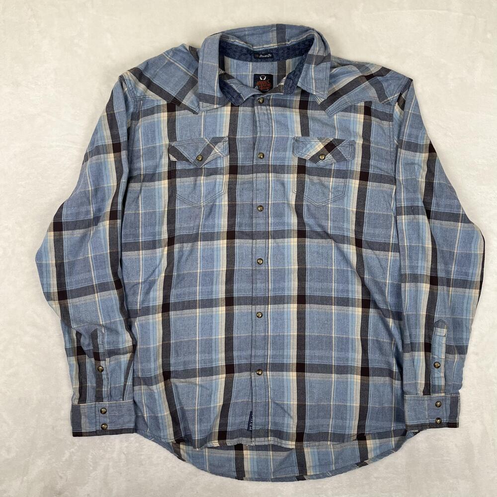 Moon Shine Spirit Shirt Mens XL Blue Plaid Western Snap Front Flannel Casual